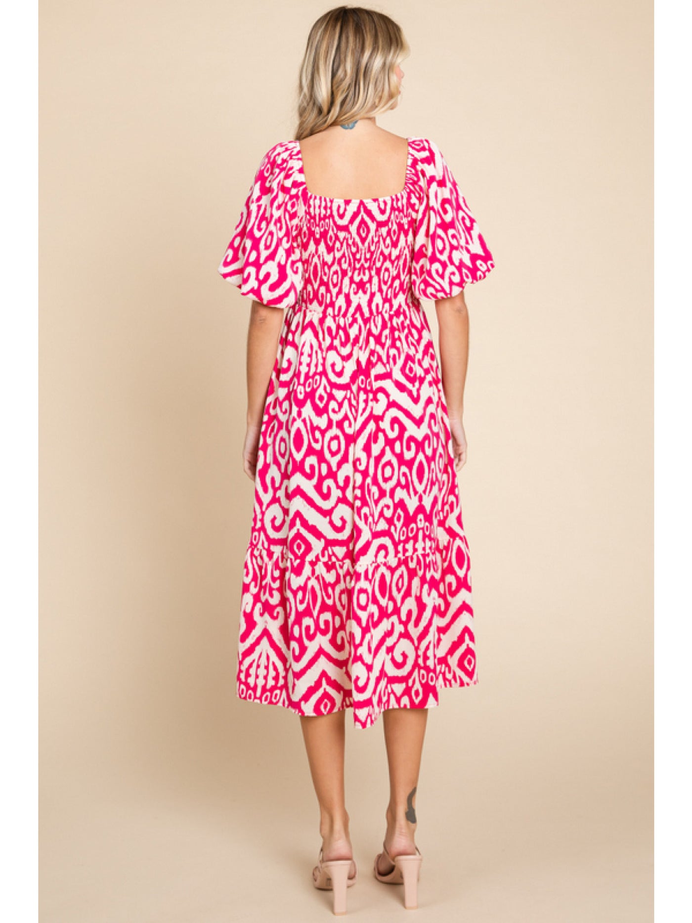 Curvy Hot Pink Geometric Midi Dress w/ Pockets