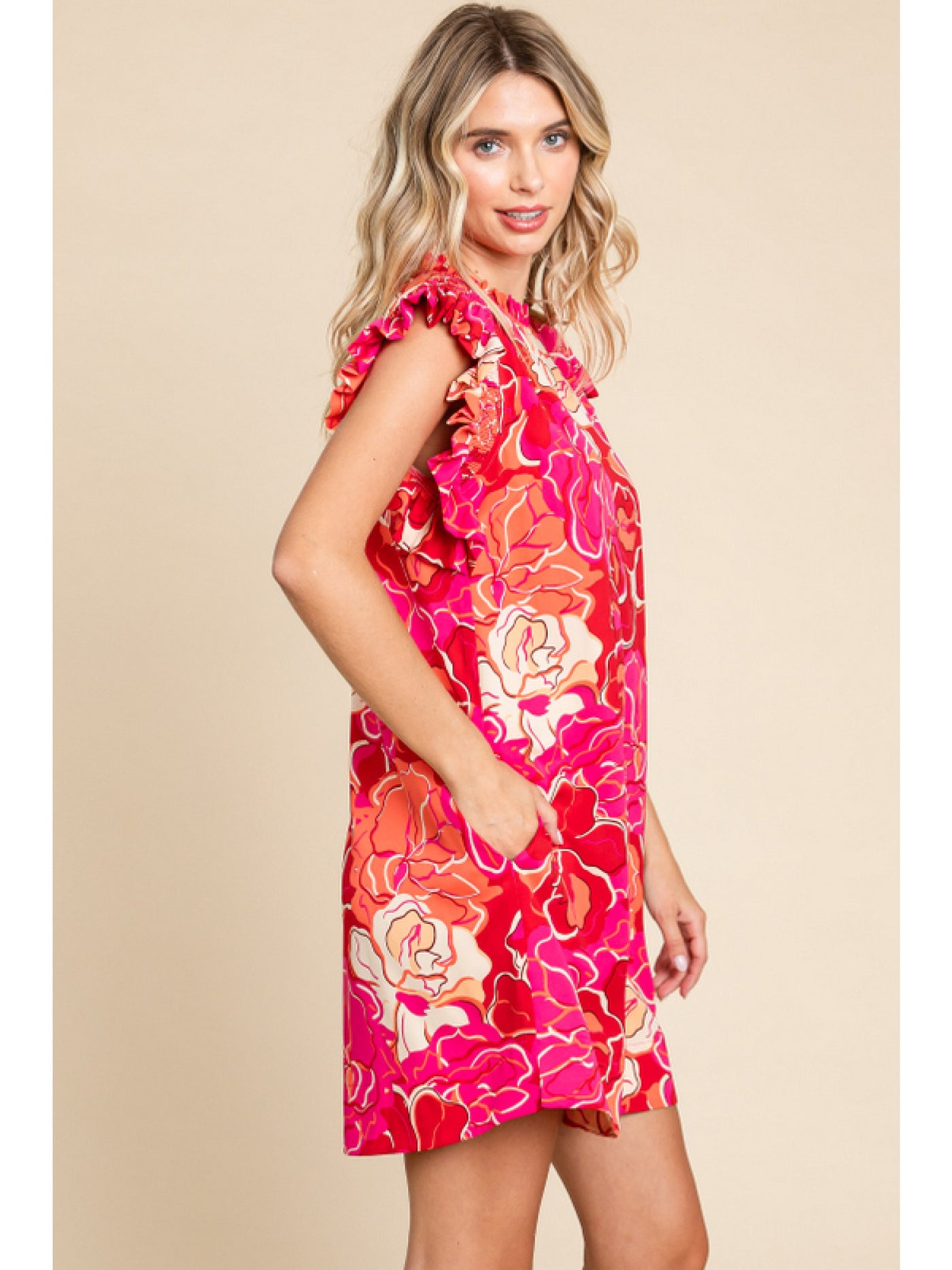 Red Multi Flower Print Dress with Ruffled Shoulders and Pockets