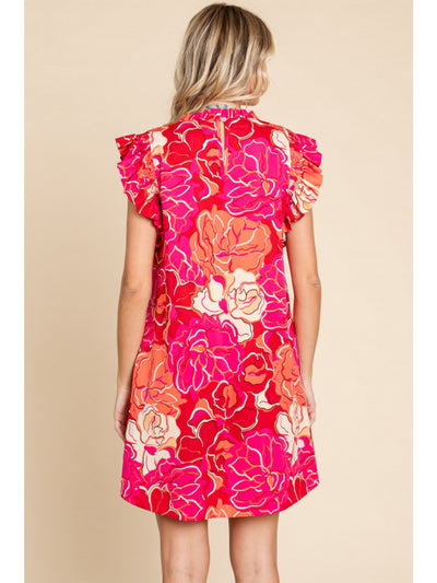 Red Multi Flower Print Dress with Ruffled Shoulders and Pockets
