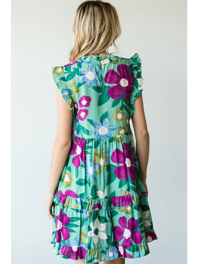 Sage Floral Print Frill Neckline Babydoll Dress