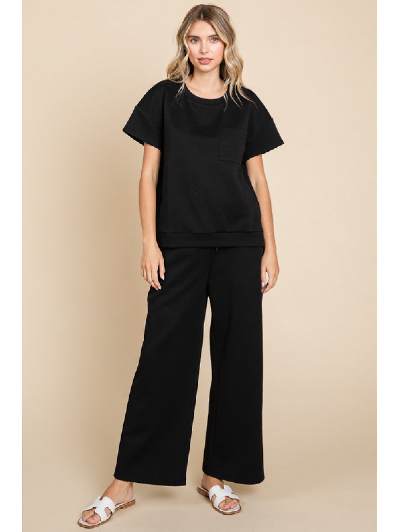 Black Textured Top w/ Breast Pocket and Pants w/ Pockets Set