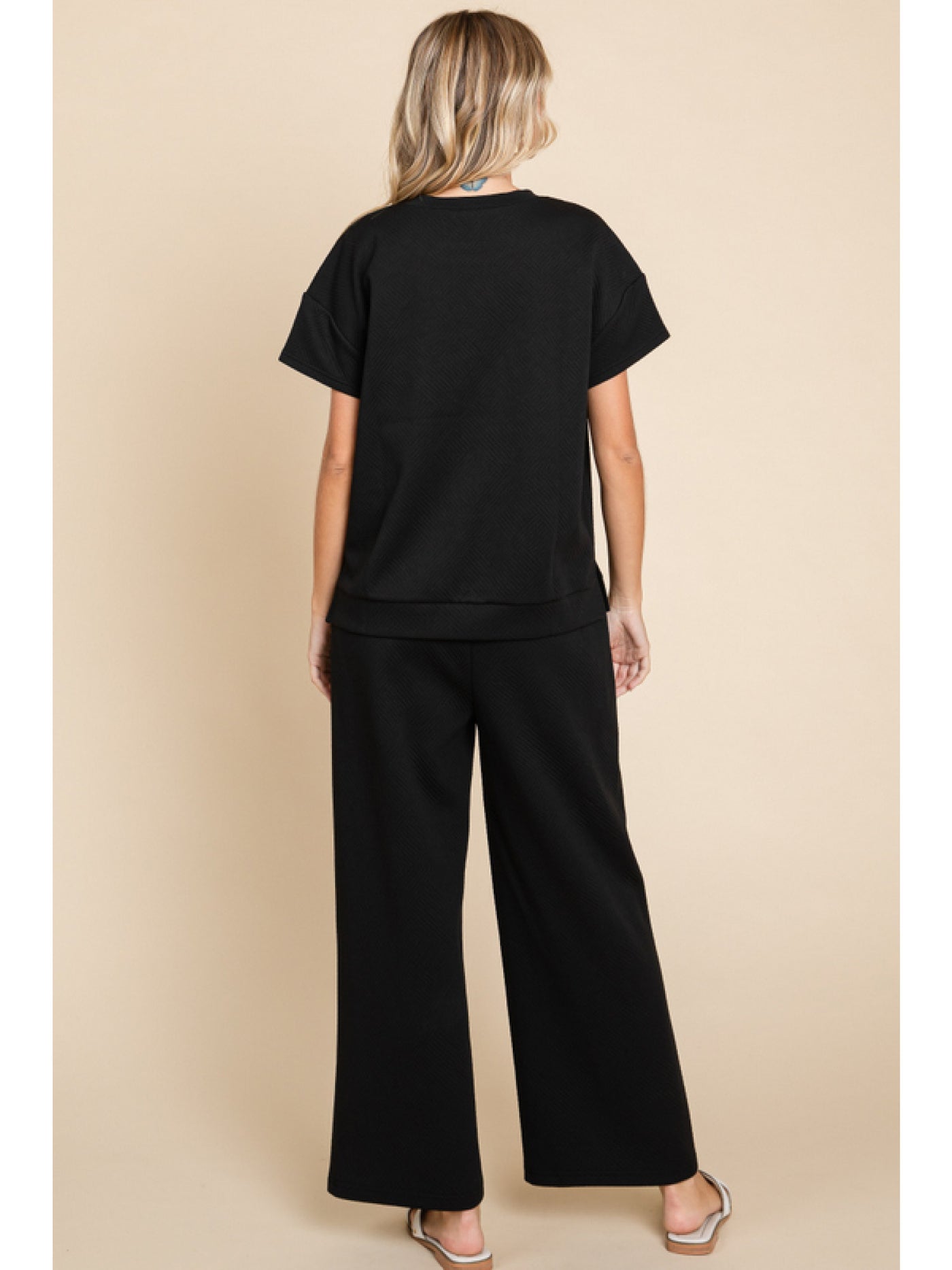 Black Textured Top w/ Breast Pocket and Pants w/ Pockets Set