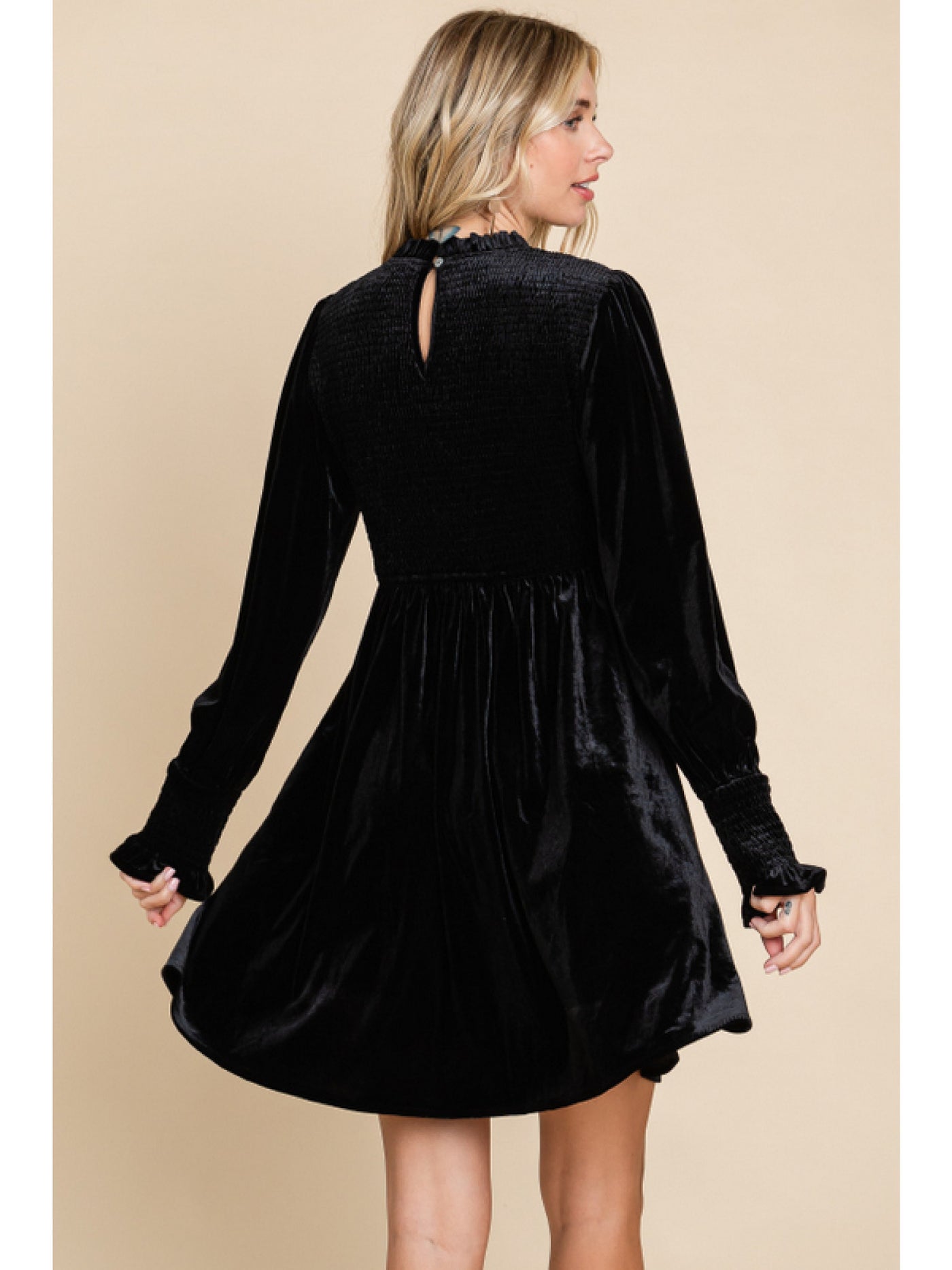 Black Smocked Velvet Dress with Frilled Neck