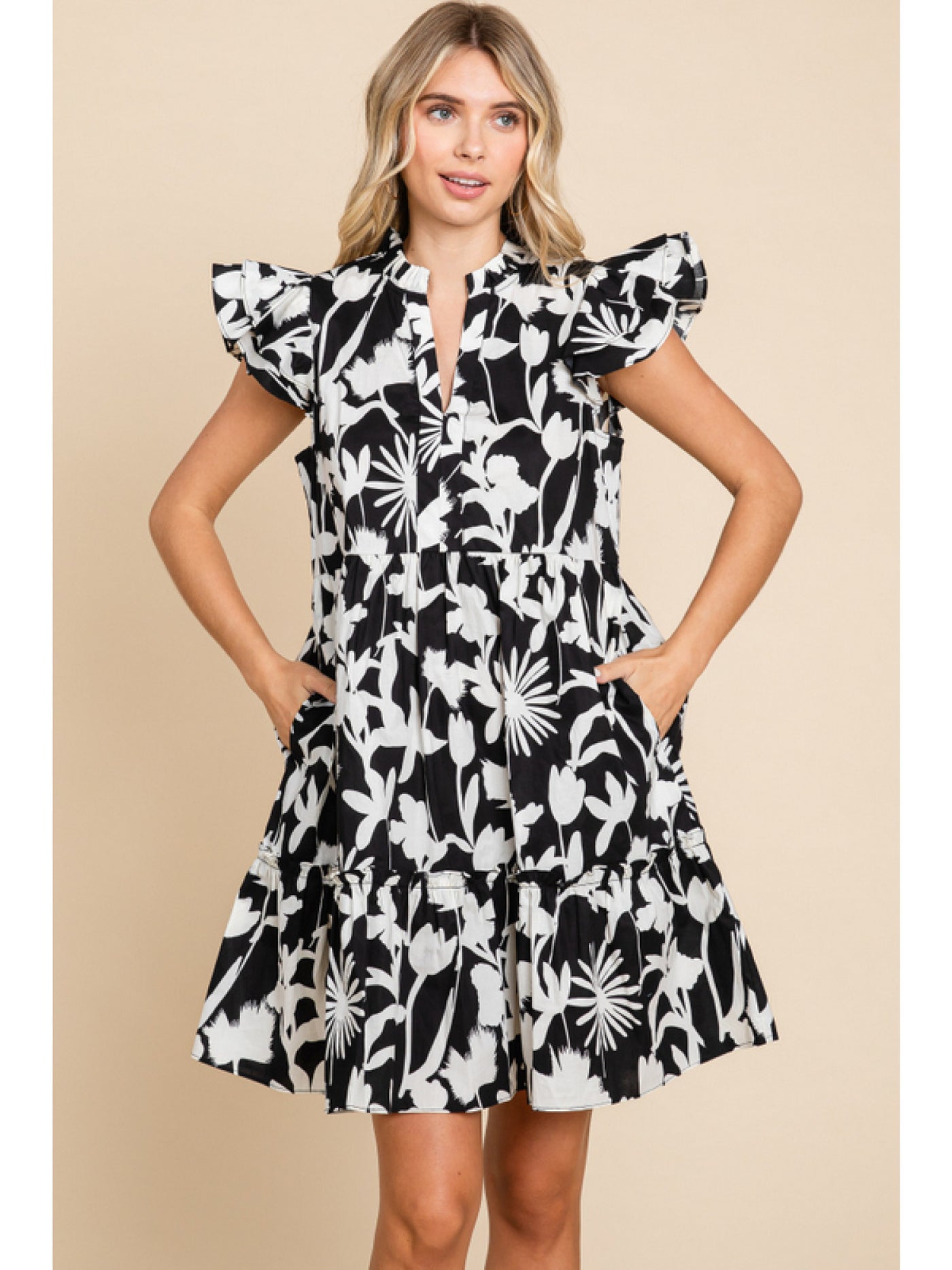 Black Flower Print Baby Doll Dress Final Sale