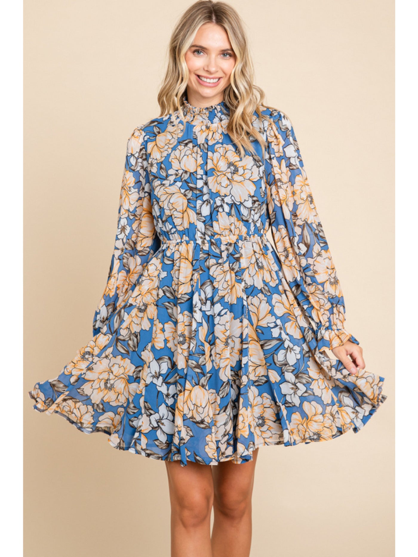 Steel Blue Floral Chiffon Poet Sleeves Dress