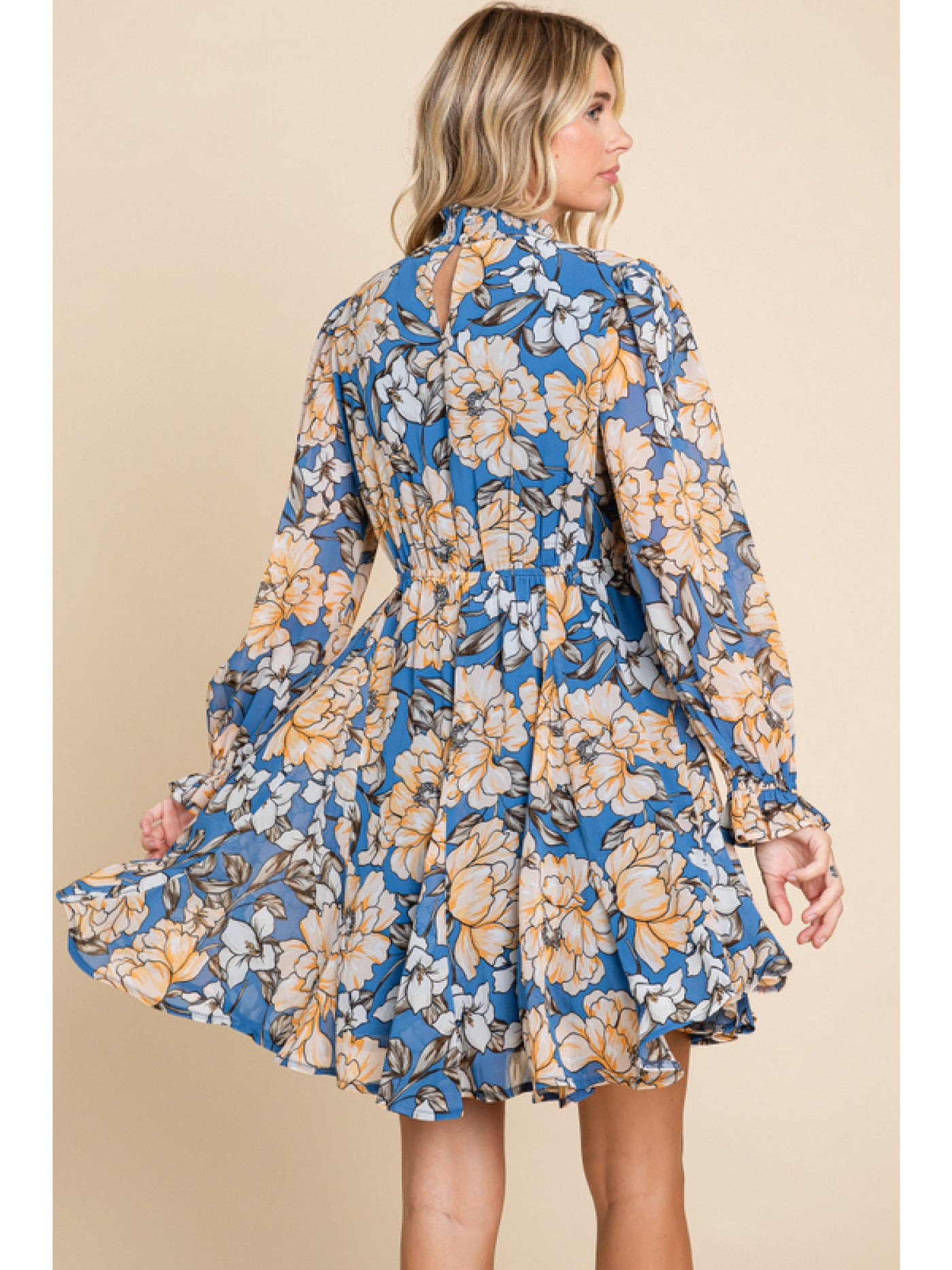 Steel Blue Floral Chiffon Poet Sleeves Dress