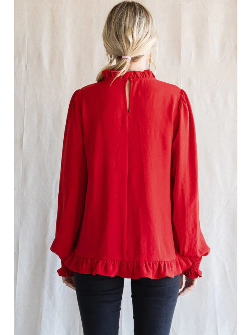 Tomato Red Solid Long Peasant Sleeves Top