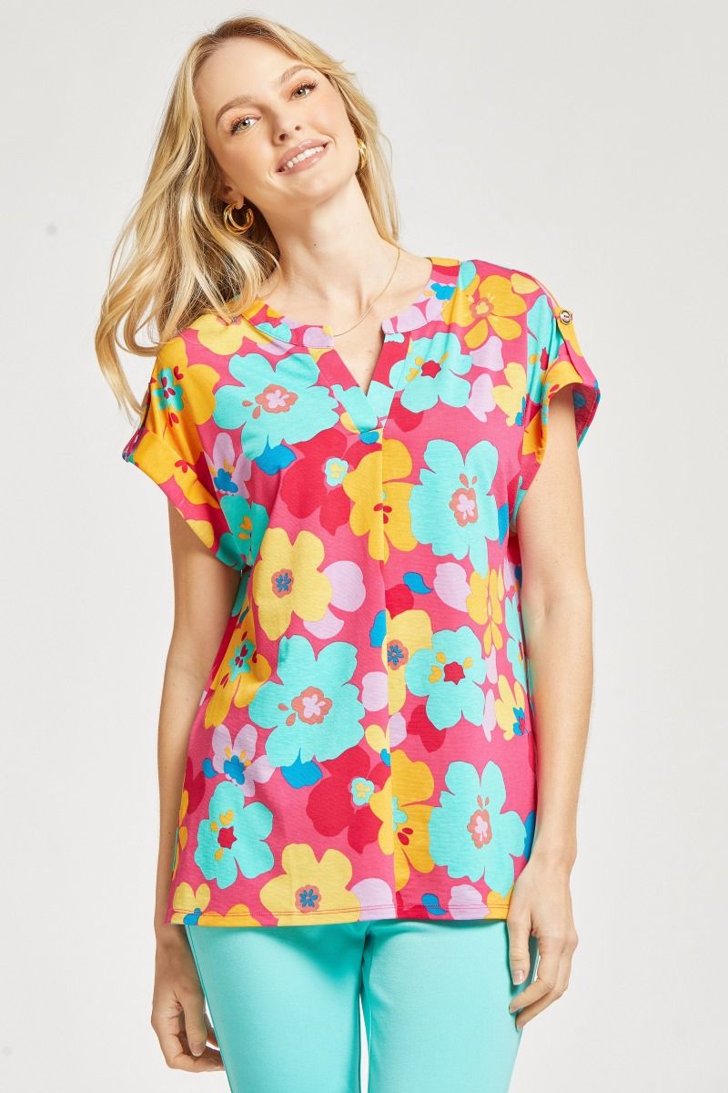 Coral Multi Floral Short Sleeve Lizzy Top