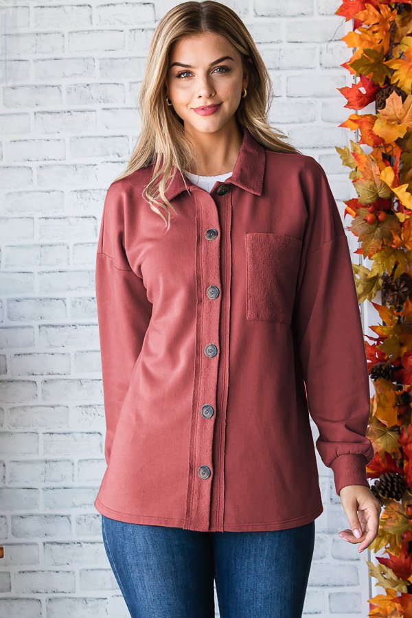 CURVY CLAY LONG PUFF SLEEVE BASIC COLLAR SOLID BUTTON DOWN SHACKET