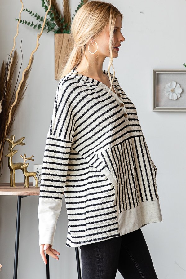 Curvy Cream/Black Long Sleeve Stripe and Solid Contrast Hoodie