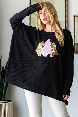 Sequined Christmas Tree Ribbed Top Final Sale