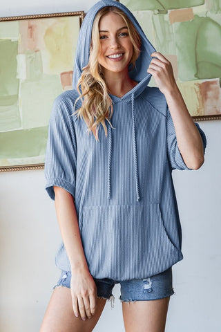Curvy Vintage Denim Short Sleeve Urban Ribbed Hoodie Final Sale