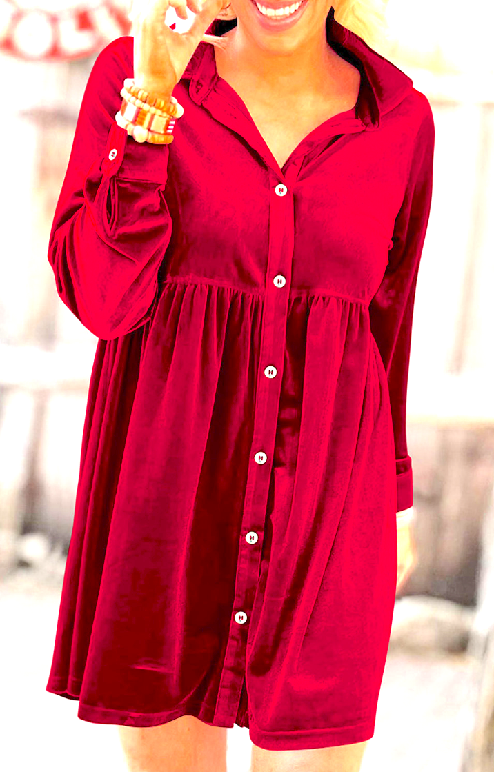 Curvy Ruffled Velvet Button Down Dress