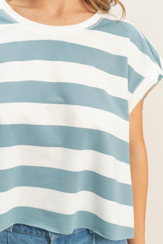 SC Light Blue Striped Boxy Crew Neck Top Final Sale