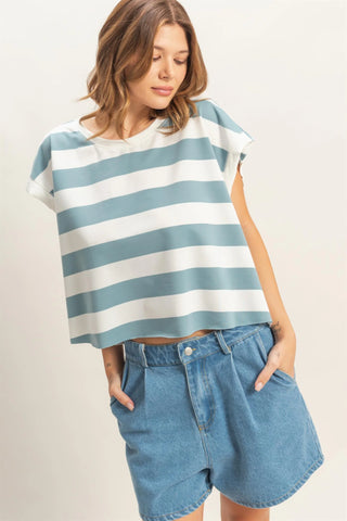 SC Light Blue Striped Boxy Crew Neck Top Final Sale