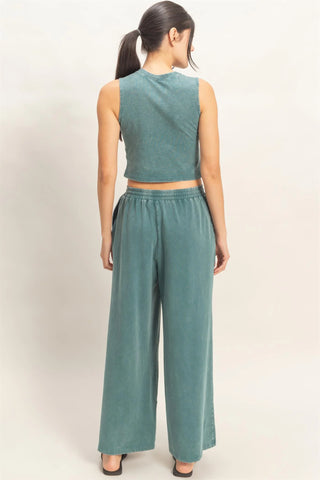 SC Dk Teal Mineral Washed Sleeveless Top & Wide Leg Pants Set