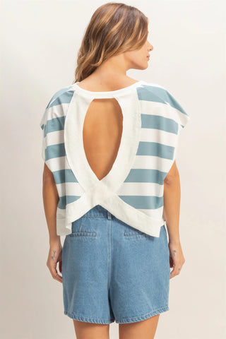 SC Light Blue Striped Boxy Crew Neck Top Final Sale