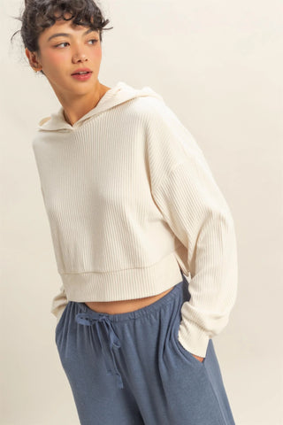 SC Whip Cream Drop Shoulder Casual Cropped Ribbed Hoodie