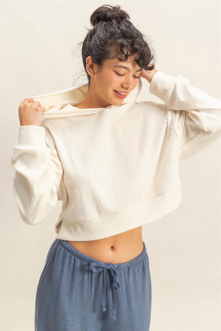 SC Whip Cream Drop Shoulder Casual Cropped Ribbed Hoodie