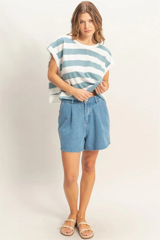 SC Light Blue Striped Boxy Crew Neck Top Final Sale