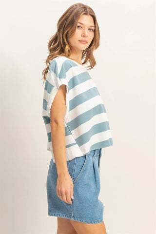 SC Light Blue Striped Boxy Crew Neck Top Final Sale