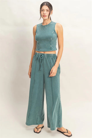 SC Dk Teal Mineral Washed Sleeveless Top & Wide Leg Pants Set