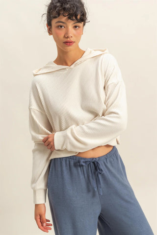 SC Whip Cream Drop Shoulder Casual Cropped Ribbed Hoodie