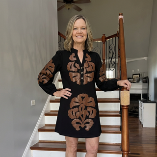 Black Faux Suede Dress with Embroidered Faux Leather Applique and Pockets