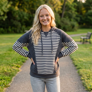 Grey Colorblock Striped Hoodie