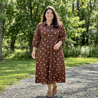 Curvy Chocolate Polka Dot Shift Midi Dress w/ Pockets