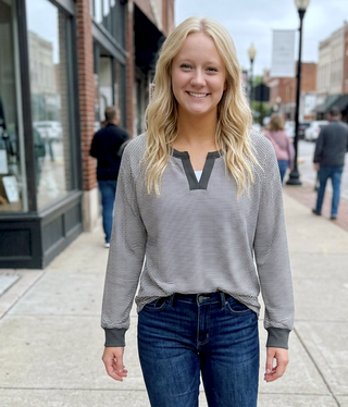 Charcoal Split Neck Micro-brushed Striped Top