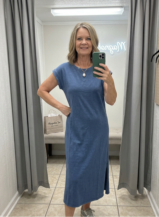 DENIM SHORT SLEEVE SIDE SLIT DETAIL KNIT T-SHIRT MIDI DRESS