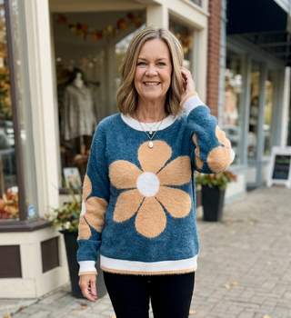 Floral Graphic Pattern Fuzzy Knit Sweater