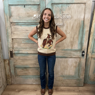 Rodeo Print Sleeveless Knit Sweater w/ Brown Trim