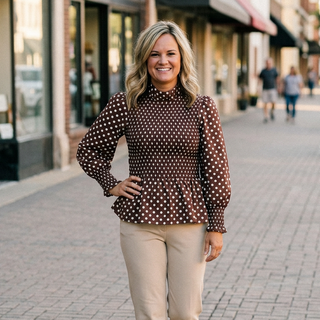 Chocolate Ruffled Neck and Sleeve Top w/ Shirring