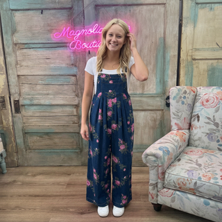 Denim Floral Printed High Waist Jumpsuit