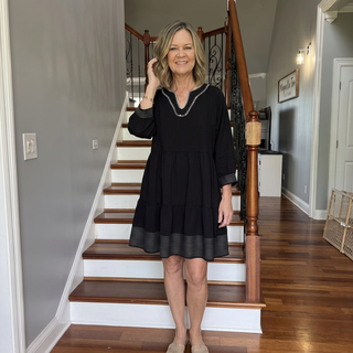 Black 3/4 Sleeve Dress with White Stitch Contrast and Pockets – Magnolia Too Boutique