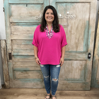 Curvy Hot Pink Short Sleeve Top w/ Leopard Accent
