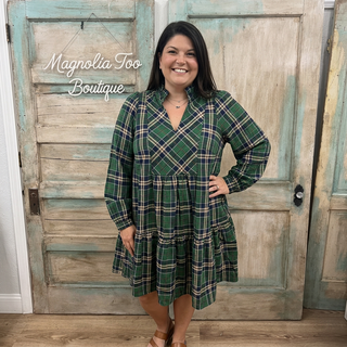 Curvy Green Plaid Long Sleeve Tiered Dress