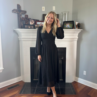 Black V-Neck Long Sleeve Midi Dress w/ Waist Detail