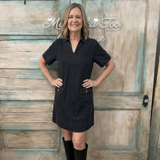 Black Short Sleeve Garment Washed Casual Shift Dress