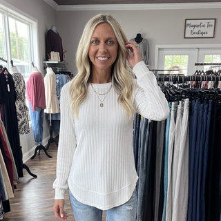 White Ribbed Long Sleeve Knit Sweater