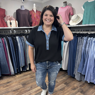 Curvy Black Textured Top with Denim Trim Final Sale