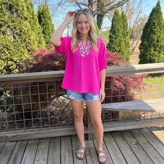 Hot Pink Short Sleeve Top w/ Leopard Accent