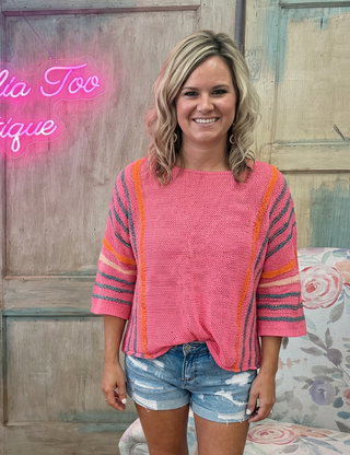 Pink Striped Detail Lightweight Knit Sweater