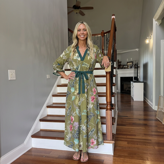 Olive Botanical Floral Print Belted Midi Dress