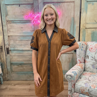 Taupe Puff Sleeve Button Down Faux Suede Dress w/ Pockets