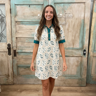 Deep Teal Floral Print Mini Dress with Lace Trim and Pockets Final Sale