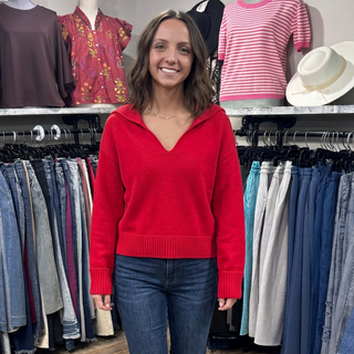Red Collared V Neck Ribbed Sweater