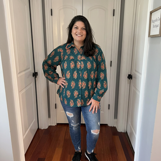 Curvy Dark Teal Floral Print Pleated Top